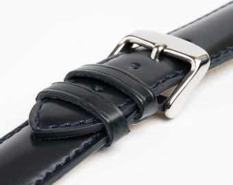 Blue Smooth Gloss Genuine Quality Leather Shiny Watch Strap 18mm, 20mm, 22mm