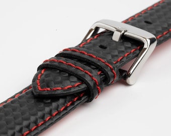 Black Carbon Effect Red Stitch Water Resistant Synthetic/Vegan Watch Strap 18mm, 20mm, 22mm, 24mm