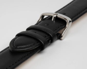 Black Calf Smooth Leather Curved End Watch Strap Band 18mm, 20mm, 22mm