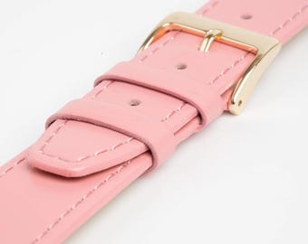 Pink Classic Plain Stitched Genuine Leather Watch Strap 12mm, 14mm, 16mm, 18mm, 20mm, 22mm
