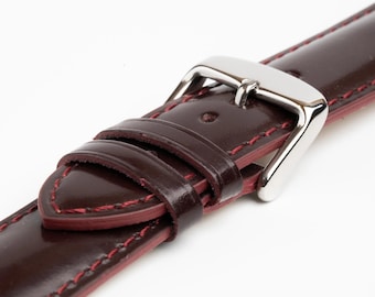 Burgundy Smooth Gloss Genuine Quality Leather Shiny Watch Strap 18mm, 20mm, 22mm