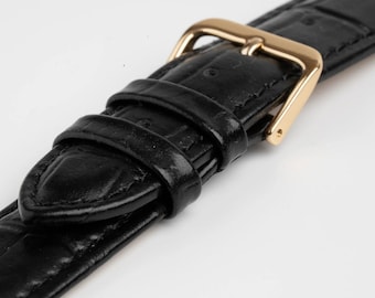 Black Value Alligator Grain Padded Leather Watch Strap 12mm, 14mm, 16mm, 18mm, 20mm, 22mm, 24mm, 26mm