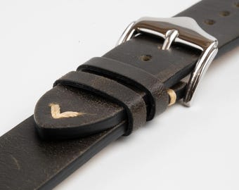 Black Vintage Cut Edge Leather Watch Strap 18mm, 20mm, 22mm