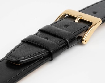 Black Classic Plain Stitched Genuine Leather Watch Strap 8mm, 9mm, 10mm, 11mm, 12mm, 13mm, 14mm, 15mm, 16mm, 17mm, 18mm, 19mm, 20mm, 22mm