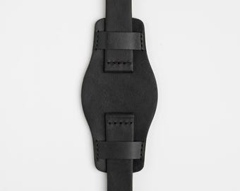 Unique Black Bund Leather Watch Strap 18mm, 20mm, 22mm, 24mm