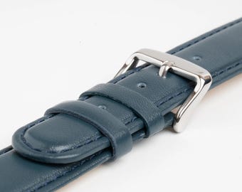 Blue Smooth Padded Stitched Watch Strap 8mm, 10mm, 12mm, 14mm, 16mm, 18mm, 20mm, 22mm, 24mm, 26mm