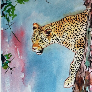 Pittura ad acquerello originale leopardo, opere d'arte della fauna selvatica, decorazione della parete della giungla, ritratto di animali, decorazione della casa naturale, regalo di arte animale 10,2"X7"
