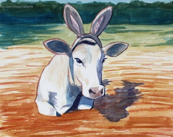 Cow and Rabbit Ears, Original Watercolor Painting of Animal Portrait in Nature Scene, Farm life Artwork for Home Decor 10.2" X 7.4"