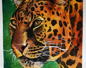 Original Watercolor Leopard Portrait, Wildlife Art, Safari Decor, Jungle Painting 10.2"X7"