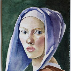 Original Watercolor painting, Scarlett Johansson portrait, Girl with a Pearl Earring inspired, Vermeer artwork 10.6 X 7.4 image 1