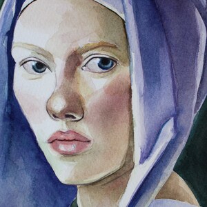 Original Watercolor painting, Scarlett Johansson portrait, Girl with a Pearl Earring inspired, Vermeer artwork 10.6 X 7.4 image 2