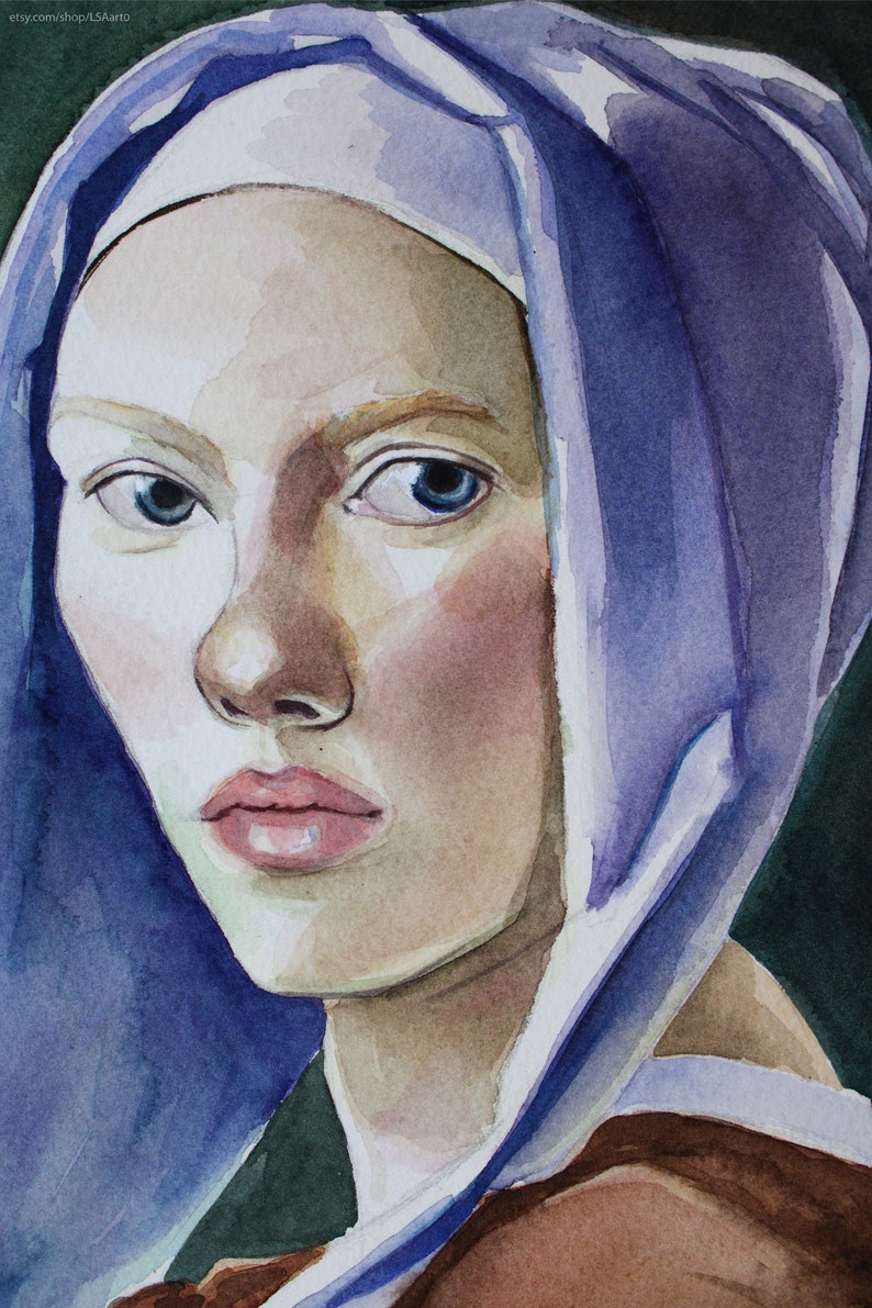 Original Watercolor painting, Scarlett Johansson portrait, Girl with a Pearl Earring inspired, Vermeer artwork 10.6 X 7.4 image 2