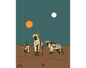 Hyenas Art Print, African Animal Spotted Hyena, Wildlife Wall Decor, Sun Moon Sky Stars Tarot, Gift ideas, Wall art (Evening) 10" X 13"