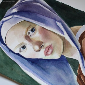 Original Watercolor painting, Scarlett Johansson portrait, Girl with a Pearl Earring inspired, Vermeer artwork 10.6 X 7.4 image 4