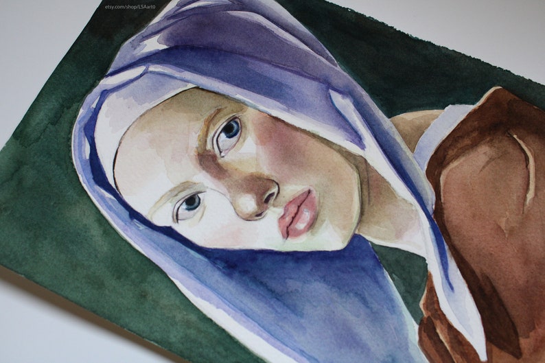 Original Watercolor painting, Scarlett Johansson portrait, Girl with a Pearl Earring inspired, Vermeer artwork 10.6 X 7.4 image 4