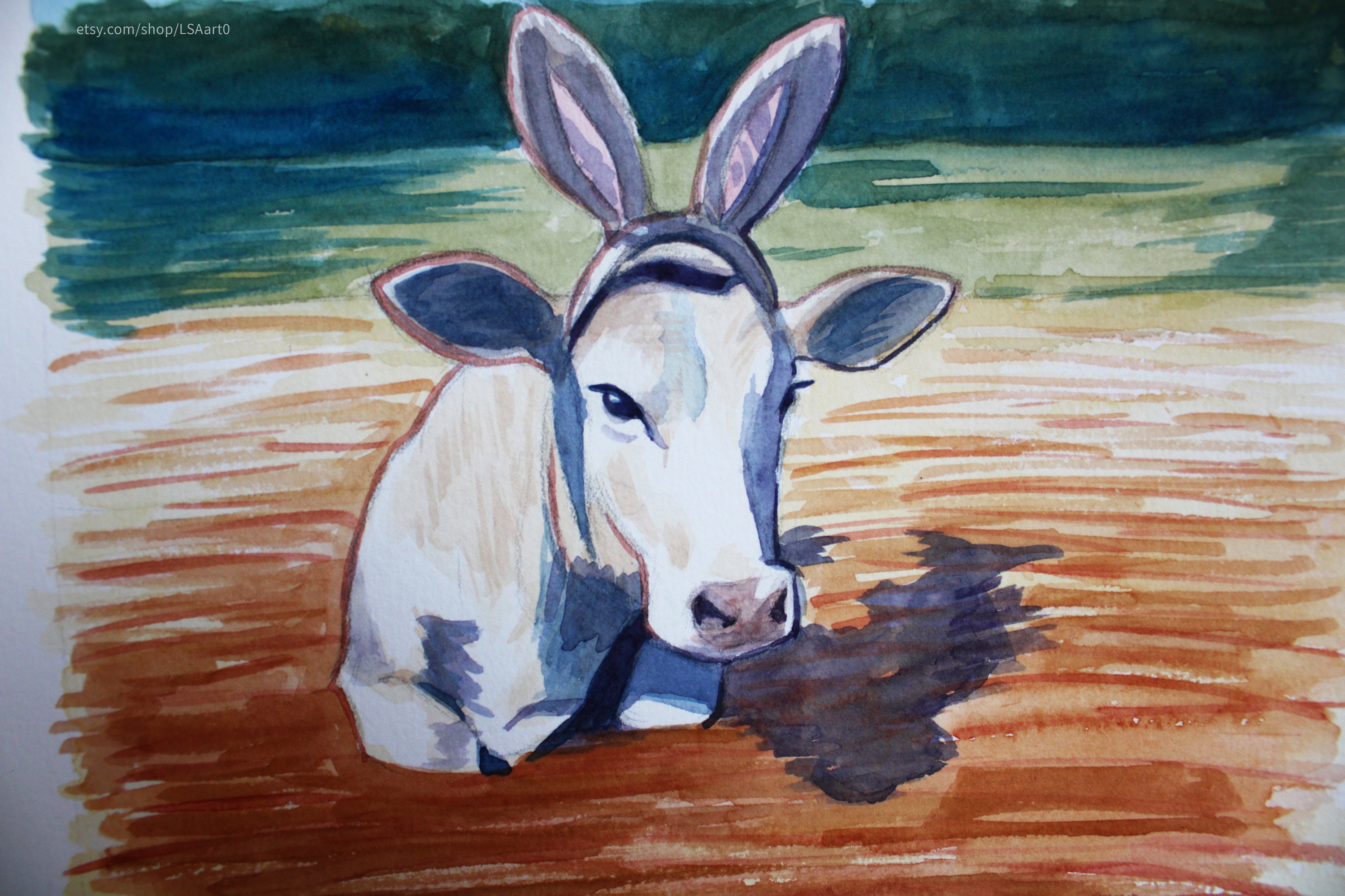 Cow and Rabbit Ears, Original Watercolor Painting of Animal Portrait in ...