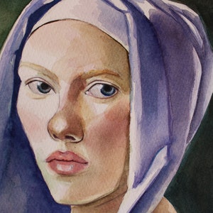 Original Watercolor painting, Scarlett Johansson portrait, Girl with a Pearl Earring inspired, Vermeer artwork 10.6 X 7.4 image 3