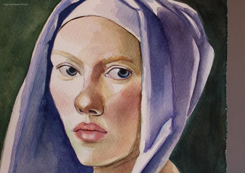 Original Watercolor painting, Scarlett Johansson portrait, Girl with a Pearl Earring inspired, Vermeer artwork 10.6 X 7.4 image 3