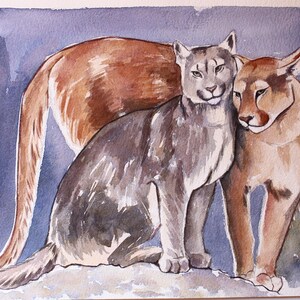 Dipinto ad acquerello originale di due puma, arte della fauna selvatica dipinta a mano, ritratto di animale unico, decorazione murale naturale, 10,2" X 7"