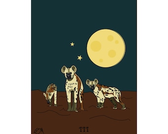 Hyenas Art Print, African Animal Spotted Hyena, Wildlife Wall Decor, Sun Moon Sky Stars Tarot, Gift ideas, Wall art (Night) 10" X 13"