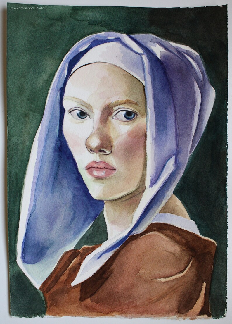 Original Watercolor painting, Scarlett Johansson portrait, Girl with a Pearl Earring inspired, Vermeer artwork 10.6 X 7.4 image 1