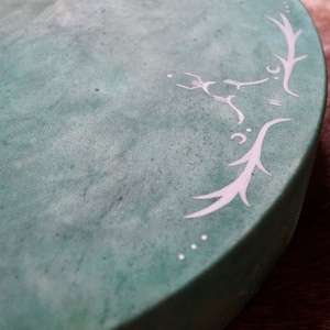 Original shamanic earth drum green, white symbols, custom made forest drum, original shamanic raw hide drum, hand painted unique drum light