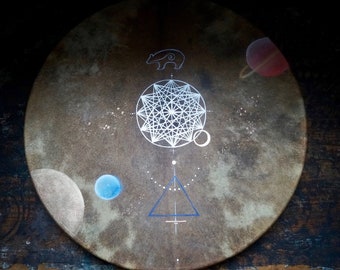 Cosmic Bear Shaman Drum 45cm | North Star Totem Symbol | Dark Goat Rawhide Hand Painted