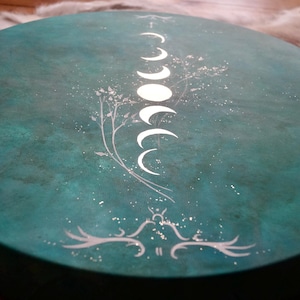Flower Moon Earth Drum, white symbols, custom forest drum, green original shamanic raw hide drum, hand painted unique drum light