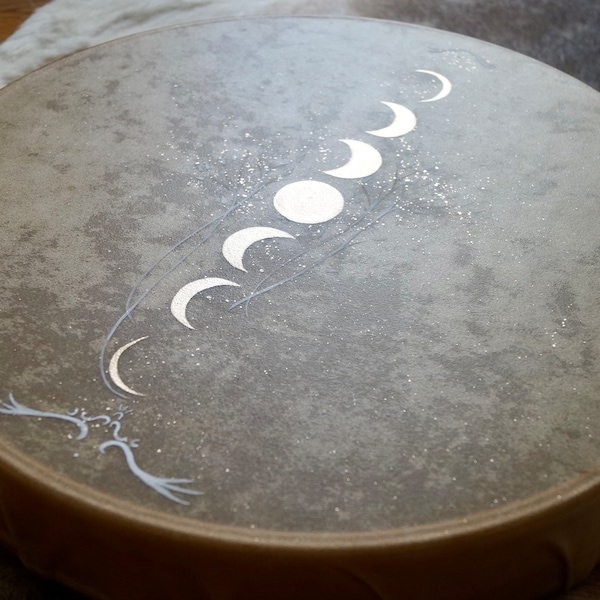 Deer Moon Drum, moon phases symbols, totem drum golden moon medicine, original shamanic raw hide drum, unique deer drum light painted