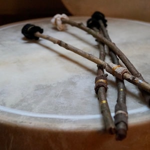 Handmade Goat Skin Shaman Drum: Sound Healing Medicine, White Line Painted Drum