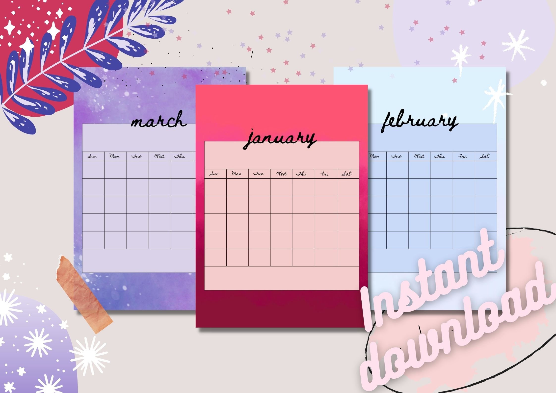 printable colorful undated monthly calendar instant download etsy