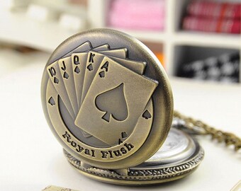 Bronze Poker Cards Design Pocket Watch Necklace Pendant Chain Men's Pocket Vintage Bronze Watch