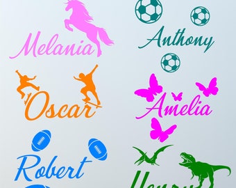 Sticker mural NOM PERSONNALISÉ. Décoration murale personnalisée NAMES, garçon fille, enfants. Autocollants D14 de skateboard de rugby, dinosaures de football et licorne papillon