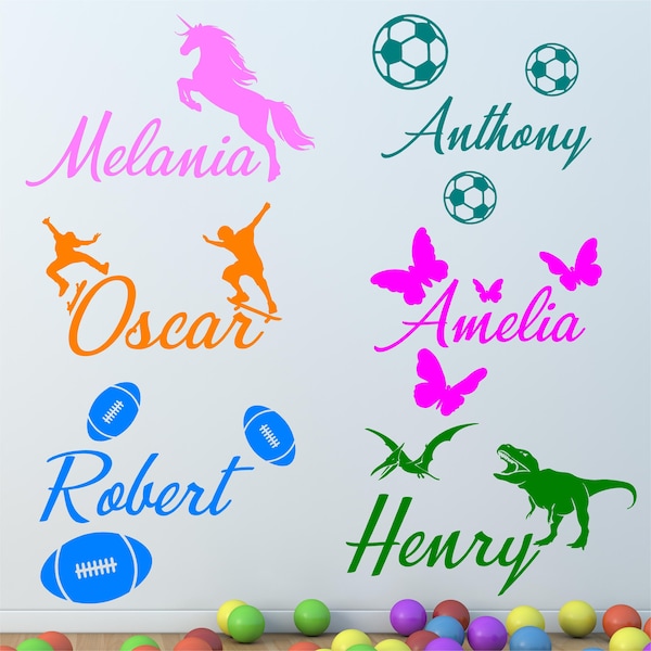 PERSONALISED NAME Wall Sticker. Boy Girl Kids NAMES  Custom Wall Art.  Butterly Unicorn Football Dinosaurs Rugby Skateboarding Stickers  D14