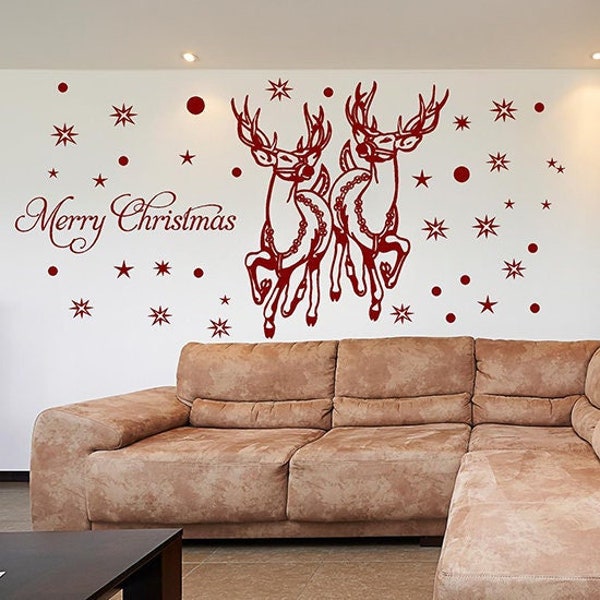 Huge Size Santa Reindeer WALL or WINDOW decals. Christmas decorations. XMAS window sticker. Christmas Wall art stickers   D27