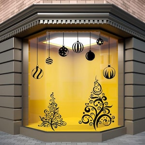 Christmas Tree & Baubles Window Decals: Holiday Shop Decor