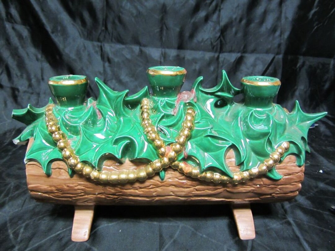 Vtg 70's Ceramic Centerpiece Yule Log Candle Holder, Hand Painted