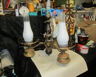 Vtg Bunkhouse/Lodge Style Light Fixture, Brass, Wood, Hurricane Lamps, Read All