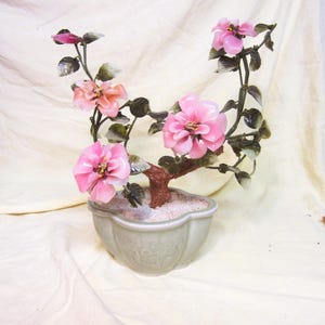 RARE Vtg Oriental Glass Bonsai Tree in Jade Colored Planter