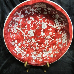 Vrf 1971 DAHER DECORATED WARE Tin Bowl 10&#39;&#39;, Red & White Blossoms floral