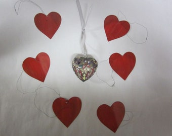 VALENTINES SET OF 7 Heart Ornaments, 6 Red Metal, 1 Floral Motif