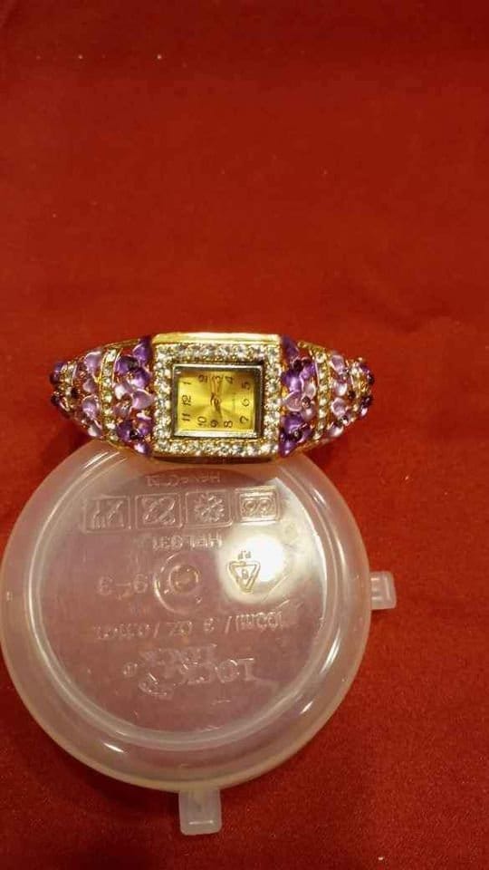 VINTAGE UNSIGNED BEAUTIFUL ORIGINAL SPRING BRACELET WATCH PURPLE FLORAL Rapunzel Sun Watch Bracelet, Purple Flower and Sun Charm  main image 4