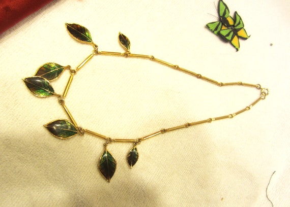 Rare Vtg 70's Gold Tone & Green Enamel Choker, Le… - image 1