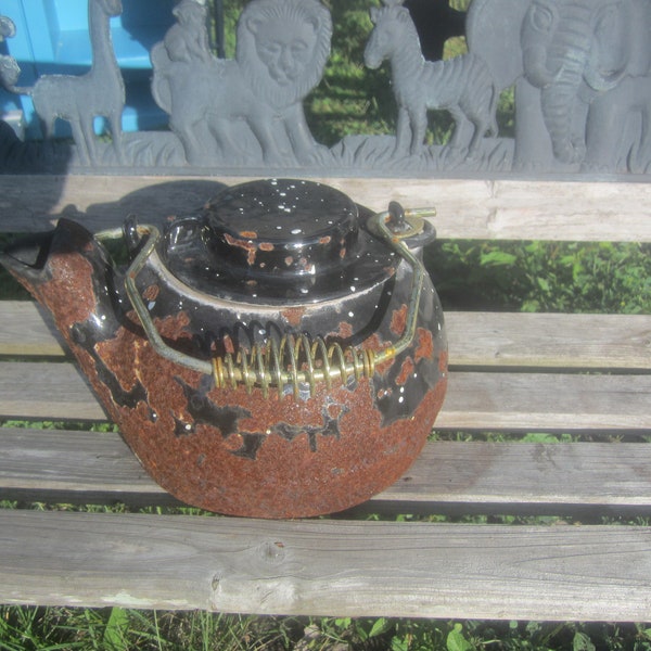 Vtg CAST IRON & ENAMEL Tea Kettle w/Slide Lid