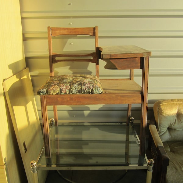 Vtg Phone Chair w/Floral Padded Seat, Solid Wood