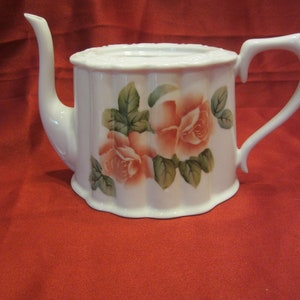 Vtg 80&#39;s CHINA TEAPOT, w/Pink Roses, Ribbed Panels, No Lid, Great for a Fancy Planter or Vase