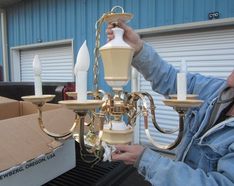 Vtg CHANDELIER, Ceramic & Brass, Candle Motif, Farmhouse Chic, Pick up only