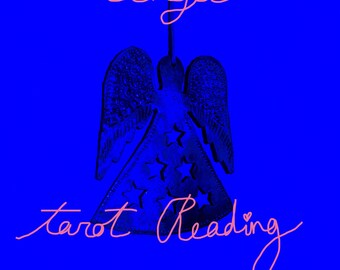 May include: A blue background with a silver angel ornament hanging from the top. The angel has stars cut out of its wings. The text "Guardian angel tarot reading" is written in pink cursive.