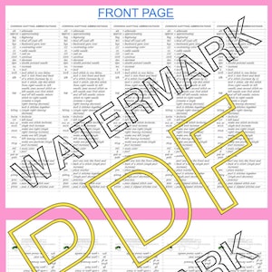 May include: A printable PDF with knitting abbreviations and instructions for making bookmarks. The document includes front and back pages, with the text "FRONT PAGE", "BACK PAGE", and "WATERMARK". The pink background has text about printing instructions.