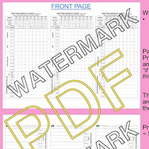 Puede incluir: Tabla de agujas de tejer imprimible con una página delantera y una página trasera. La tabla incluye una cuadrícula para registrar el tamaño de las agujas, el peso del hilo y otros detalles. El texto "What's Included: Print Your Own Bookmarks (PDF) - x3 Bookmarks per page (as shown) - x2 Page PDF (double sided bookmarks)" es visible en la parte superior de la página.